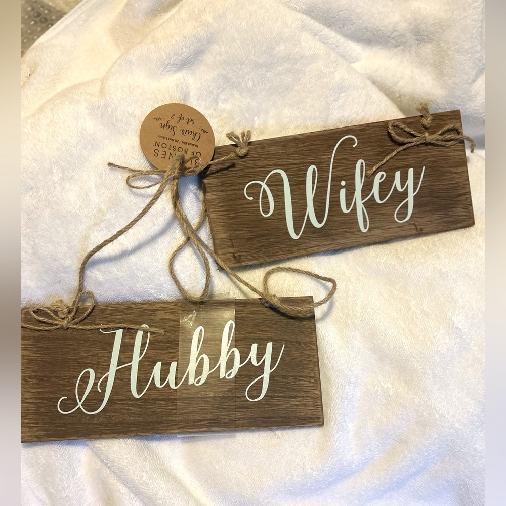 Burnes of Boston , wedding decorative chair sign set of 2 , Hubby &  Wifey